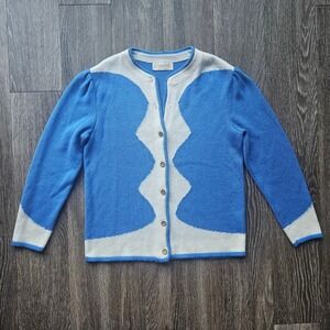 VIVANTI Womens Blue White Knit Button Up Cardigan Sweater Puff Sleeve Made USA